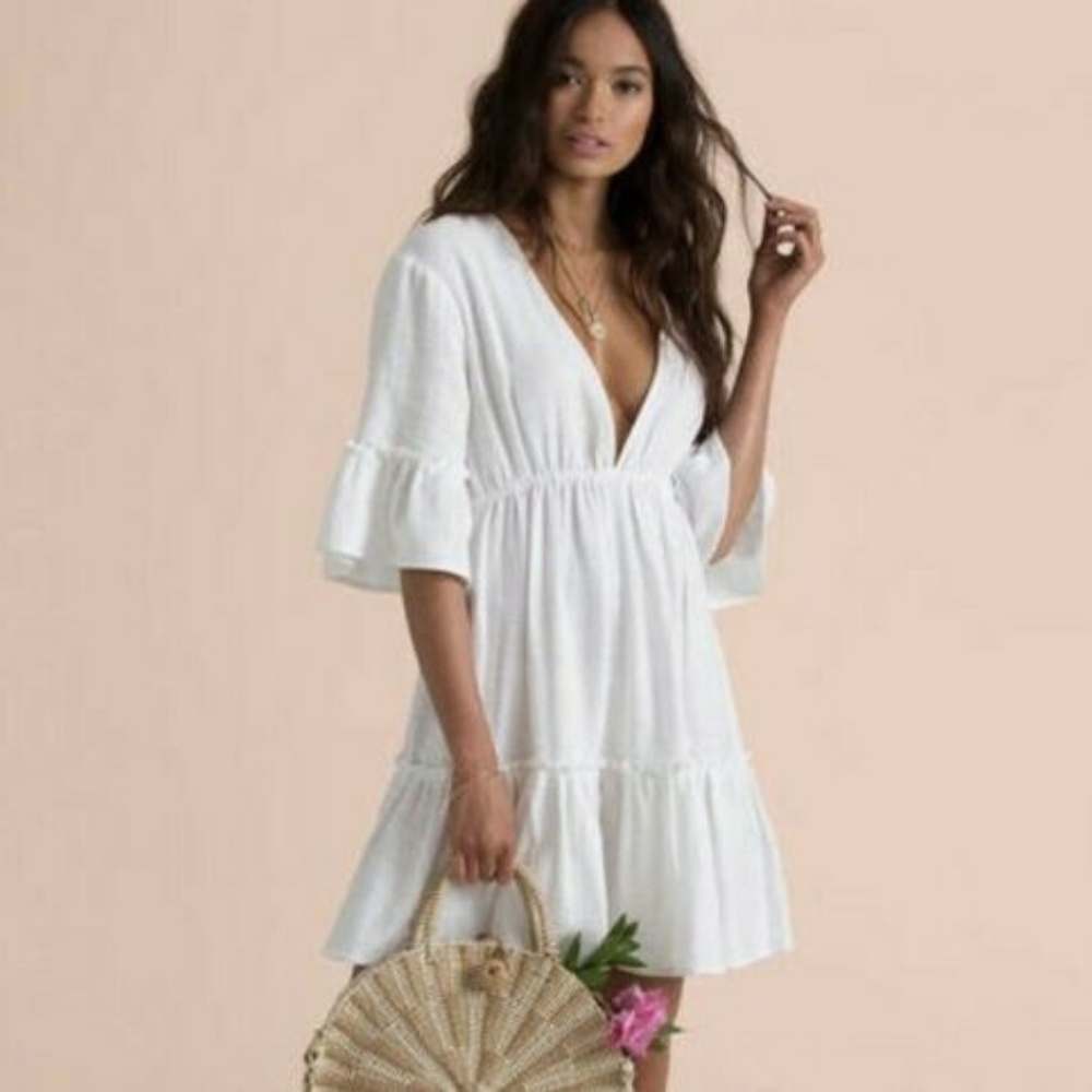 Bohemian White Cotton Tunic Mini Beach Dress - Picture 6 of 7